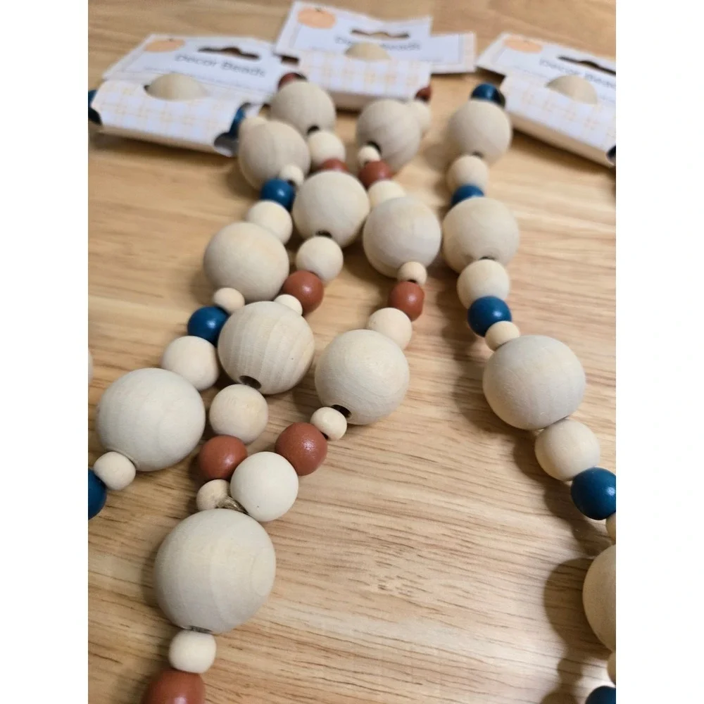 Perfect Harvest Wood Decor Beads Farmhouse Garland Blue Orange Tassel Set of 3